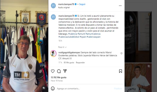 Mensaje de Kempes, leyenda valencianista, en Instagram