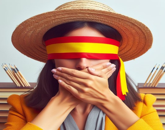 Mujer con una venda en los ojos con los colores de la bandera de España y con las manos tapándose la boca por la censura.