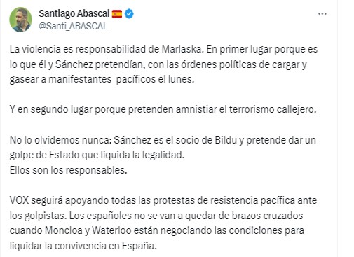 Tuit de Abascal cargando contra PSOE y Marlaska