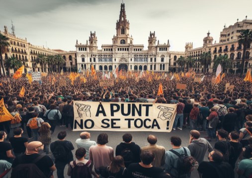 Imagen generada por la IA de un grupo de personas manifestándose en la Plaza del Ayuntamiento, en València, con una pancarta que dice: "À Punt no se toca"